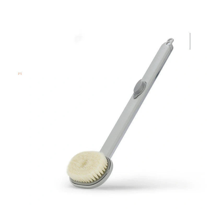 Ergonomic dual-purpose shower brush with detachable head in yellow, grey, green, and pink