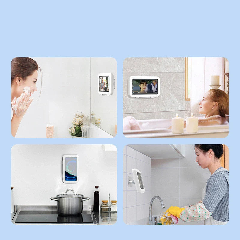 Waterproof shower phone holder with touch screen access and anti-fog window