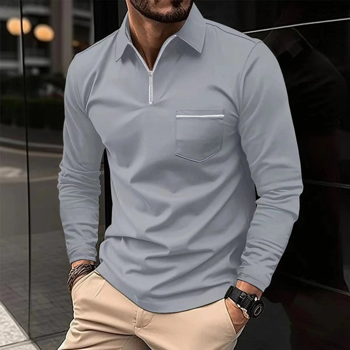 Men's long-sleeved sports polo shirt in various colours for athletic and casual wear
