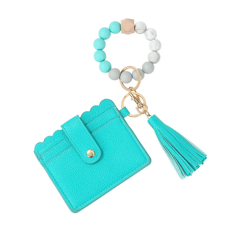 Women's silicone beads and PU tassel bracelet keychain in various colours