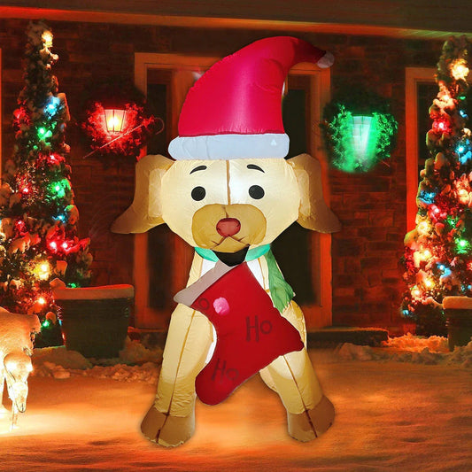 Inflatable Christmas bear decoration with LED lights, sand bag, and ground stakes for secure outdoor display