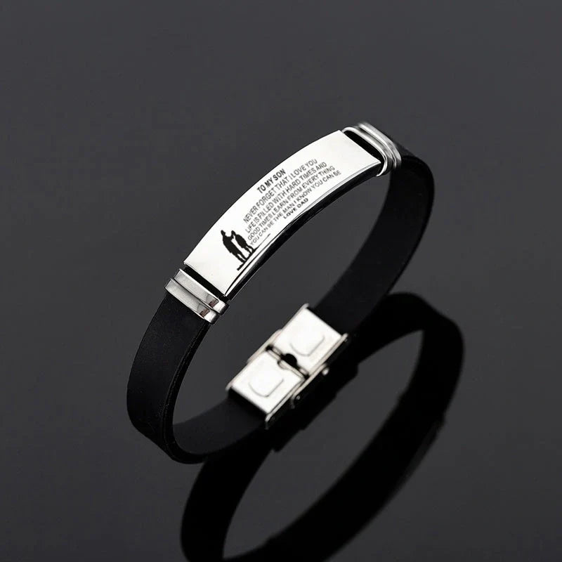 Engraved Mom Dad To Daughter Son Stainless Steel Silicone Bracelet - Silver
