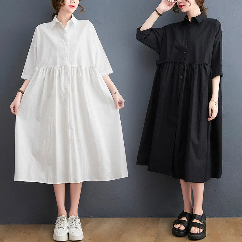 Casual linen short sleeve dress with polo collar in white and black