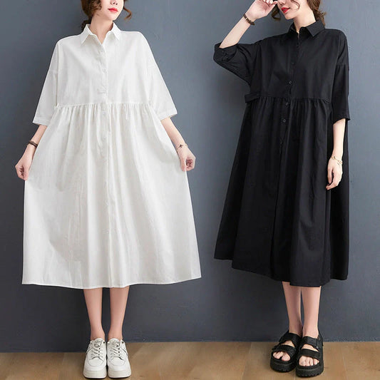 Casual linen short sleeve dress with polo collar in white and black