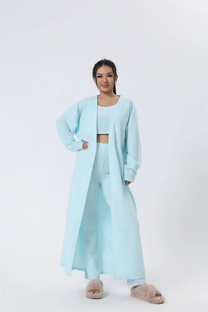 Cozy 3-piece pajama set in variety of pastel colors including pink, camel, black, light blue, red, and white