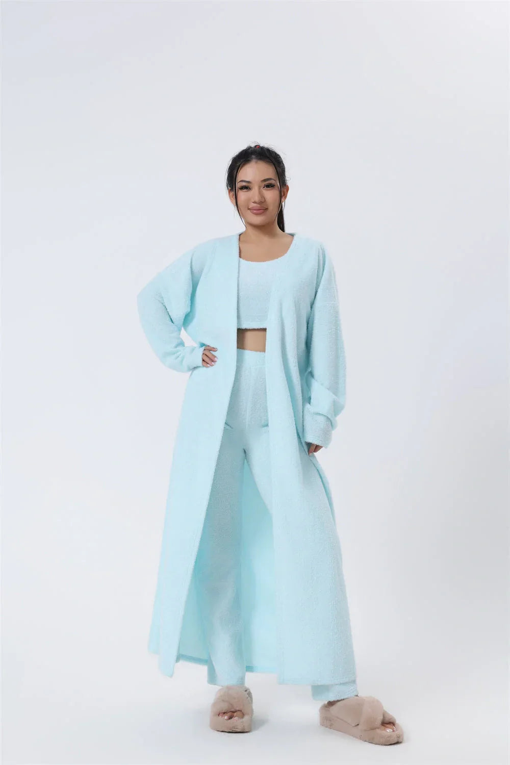 Cozy 3-Piece Lounge Set in soft, fluffy cotton-polyester blend with cropped top, wide-leg pants, and matching cardigan in various pastel colors