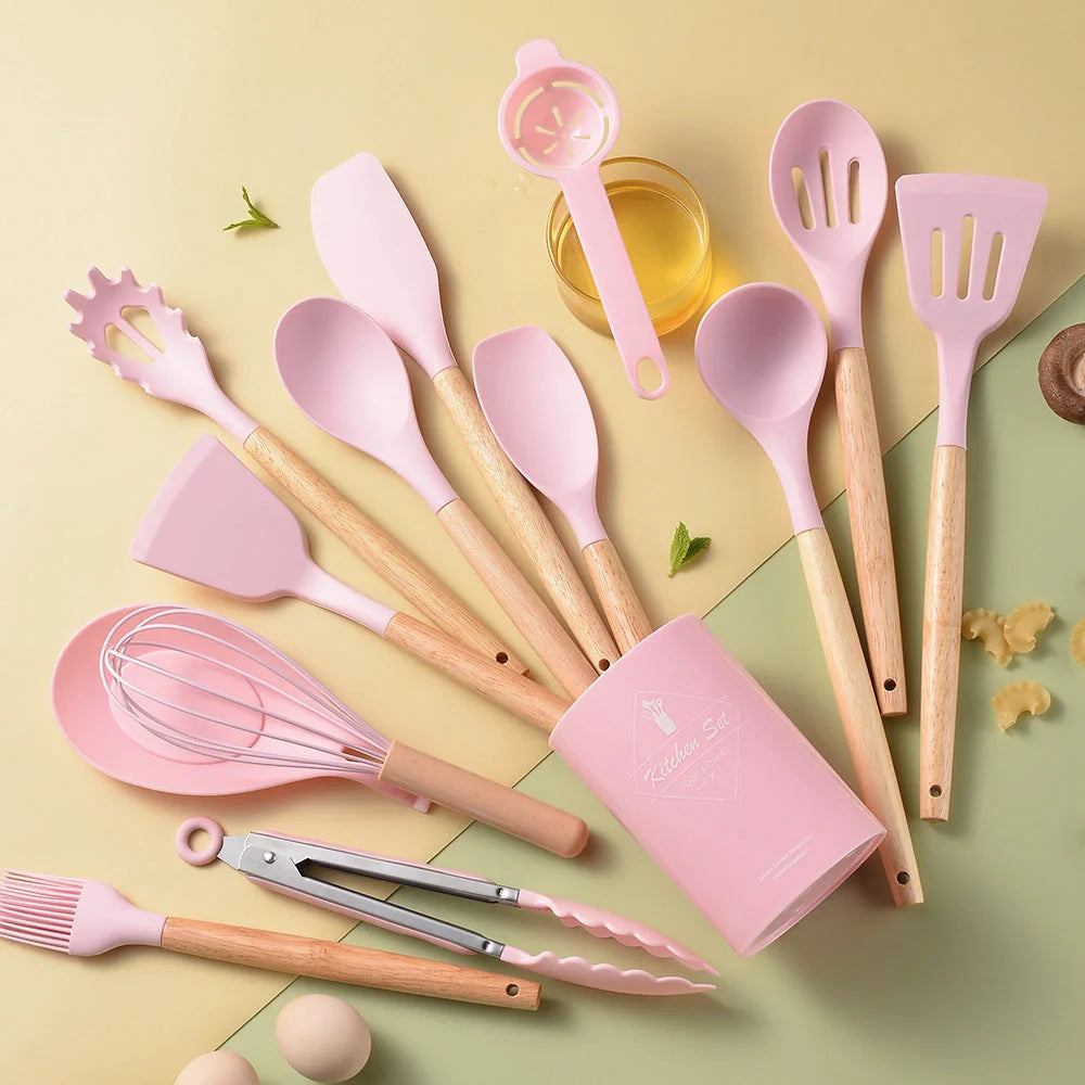 Silicone kitchenware set with wooden handles in various colors and styles, perfect for cooking, baking, and serving