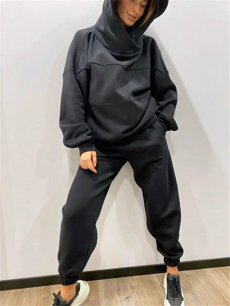 Urban casual sweater fleece top and pencil pants suit in classic colours