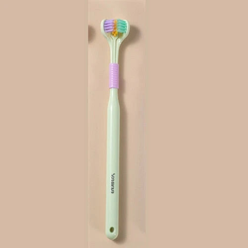 Soft bristle toothbrush with 3-sided brush head for thorough dental cleaning
