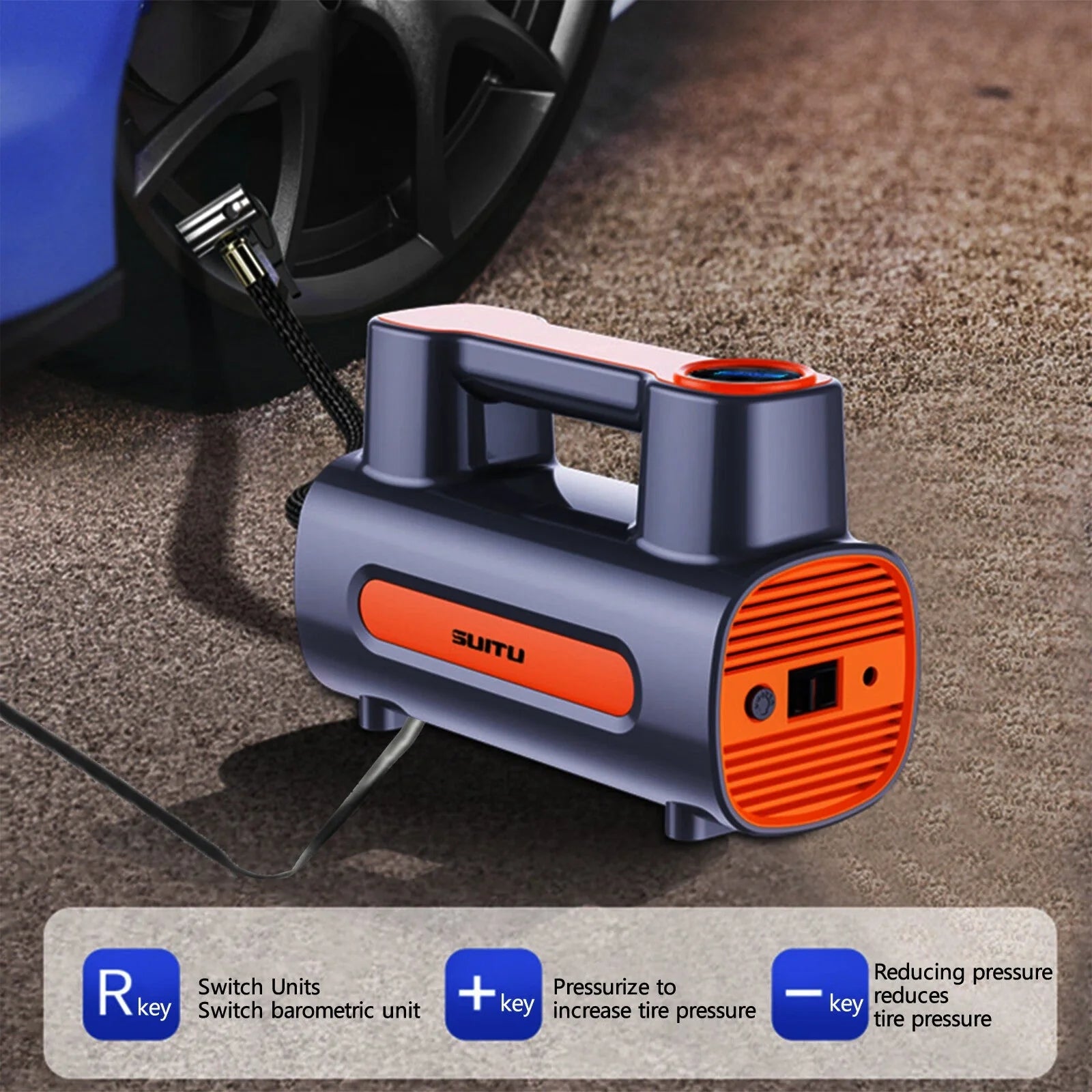 12V DC Portable Tire Inflator with digital display and LED light