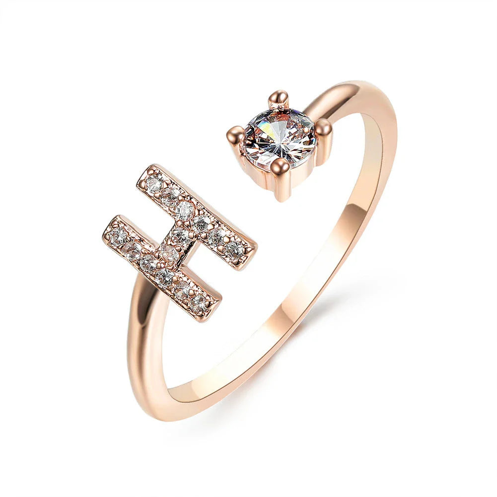 Customizable adjustable ring with 26 letters for women, featuring zircon stones and copper alloy construction