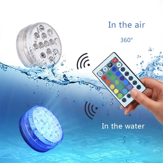 Wireless submersible LED lights with remote control, perfect for pools, spas, and outdoor decor