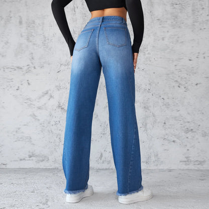 Straight wide-leg denim jeans in blue, featuring a unique collage design and high-waist fit for a stylish casual look