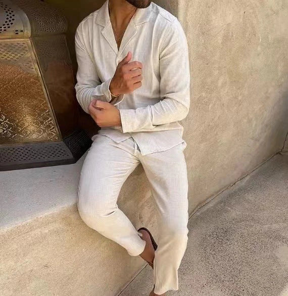Men's casual long-sleeved suits with single-breasted shirt and slim-fit trousers in various colours