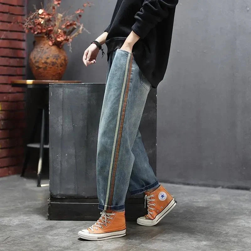 Artsy Side Striped Patchwork Jeans in deep blue with unique design