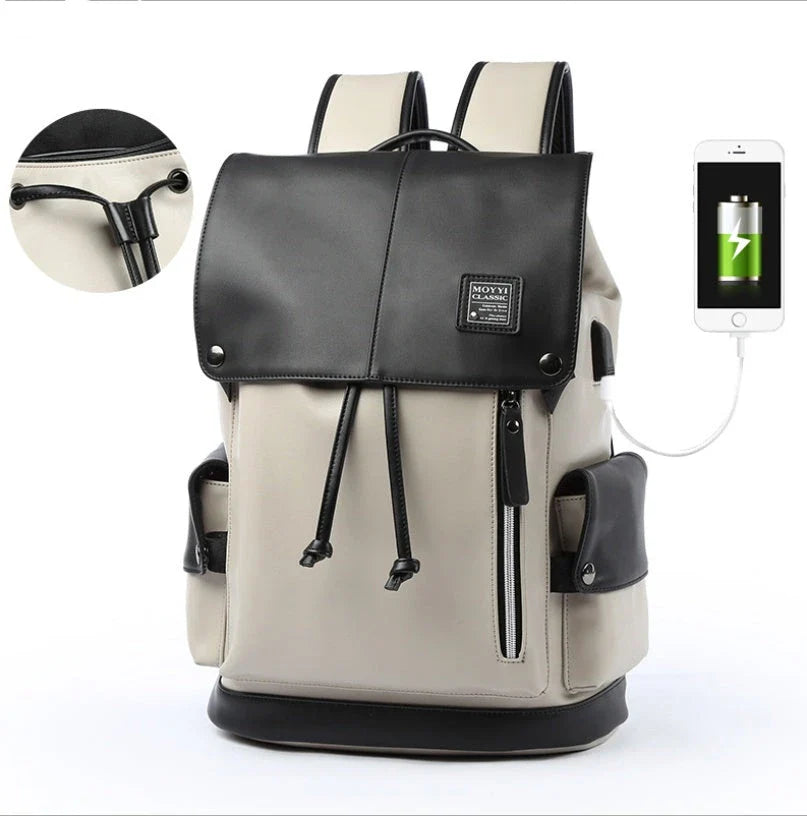 Premium PU leather backpack in black and white colours, featuring a spacious main compartment and multiple pockets for excellent organisation.