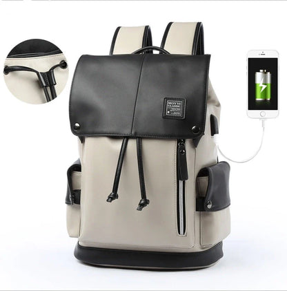 Premium PU leather backpack in black and white colours, featuring a spacious main compartment and multiple pockets for excellent organisation.