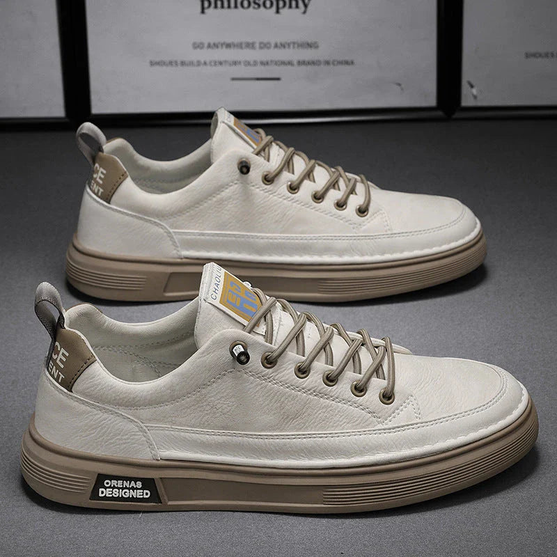 Stylish slip-on sneakers for men in beige, white, and black colors with a unique design and comfortable fit