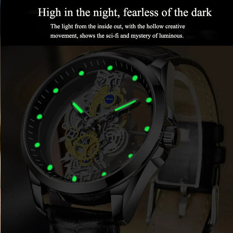 Men's skeleton automatic quartz watch with gold finish and mineral glass face