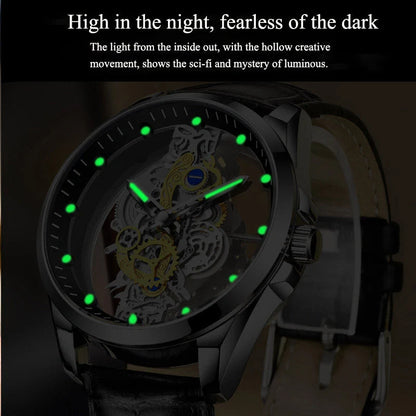 Men's skeleton automatic quartz watch with gold finish and mineral glass face
