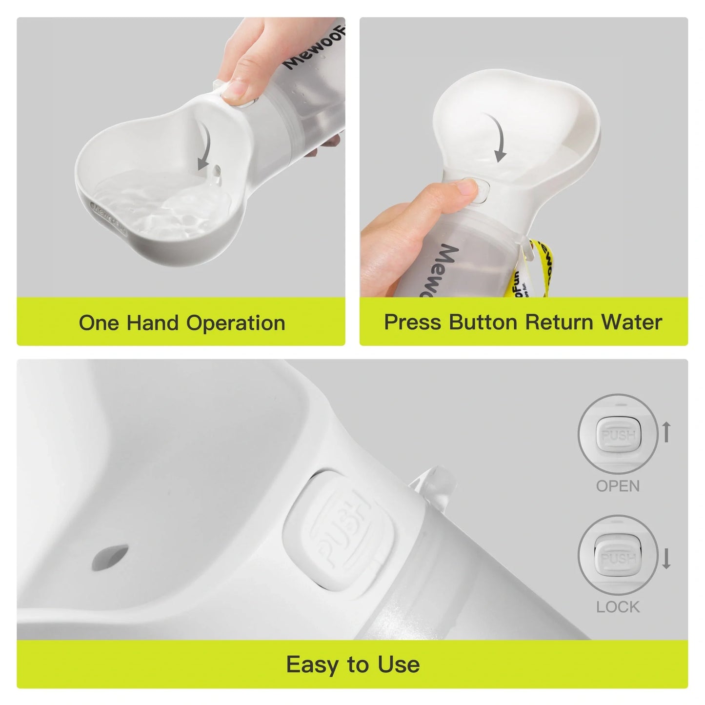 Mewoofun 2-in-1 leak-proof pet water bottle with adjustable strap and poop bag storage