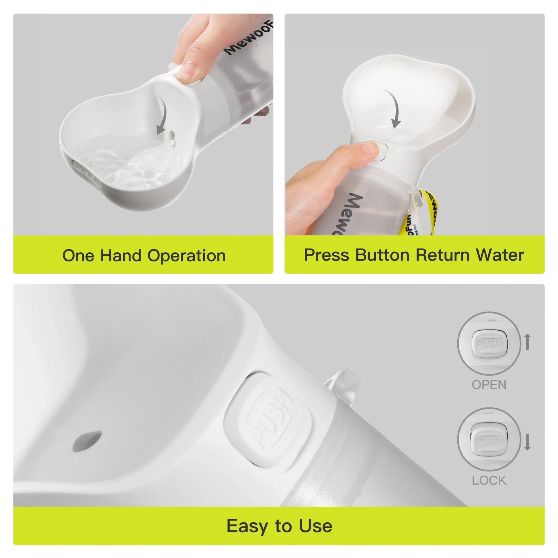 Mewoofun 2-in-1 leak-proof pet water bottle with adjustable strap and poop bag storage