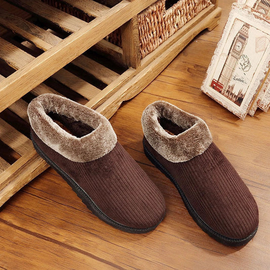 Men's winter casual cotton boots with thickened sole for home warmth, available in blue and coffee colours
