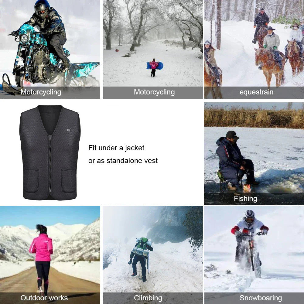 Versatile outdoor electric heated vest with adjustable heating, water-resistant design, and convenient features for activities like skiing, fishing, and more.