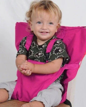 Portable baby dining chair seat with safety harness in various colors