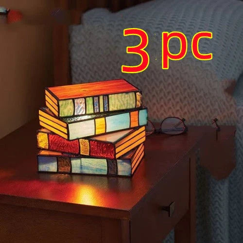Elegant stacked book lamp with warm, ambient lighting for a cozy reading nook