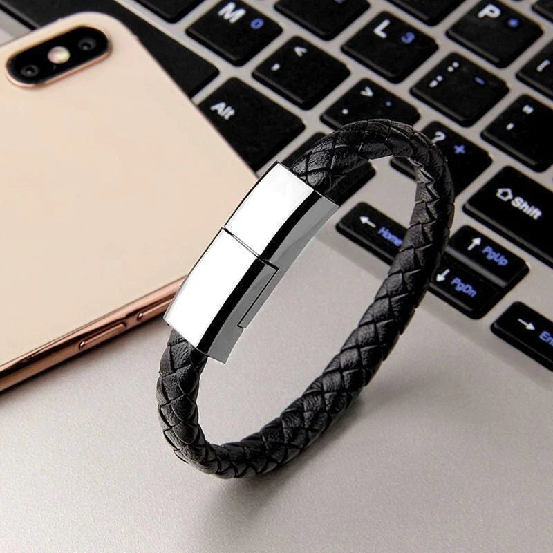 Stylish data cable bracelet in black, white, and brown colors with android, apple, and USB-C connectors