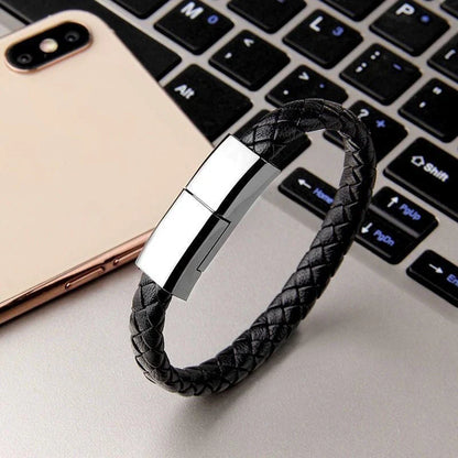 Stylish data cable bracelet in black, white, and brown colors with android, apple, and USB-C connectors