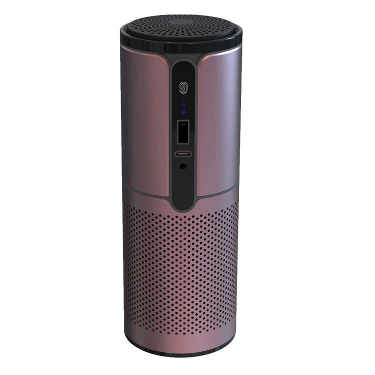 Compact car air purifier with HEPA technology in black, navy blue, rose gold, and dark grey