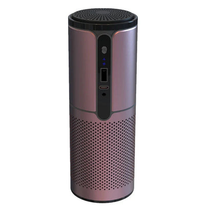 Compact car air purifier with HEPA technology in black, navy blue, rose gold, and dark grey