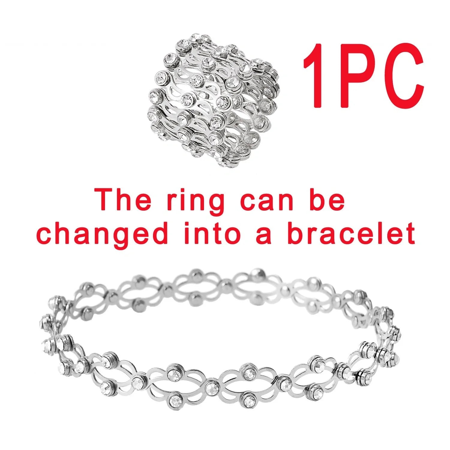 2-in-1 folding retractable rings bracelet with rhinestone detail, adjustable design