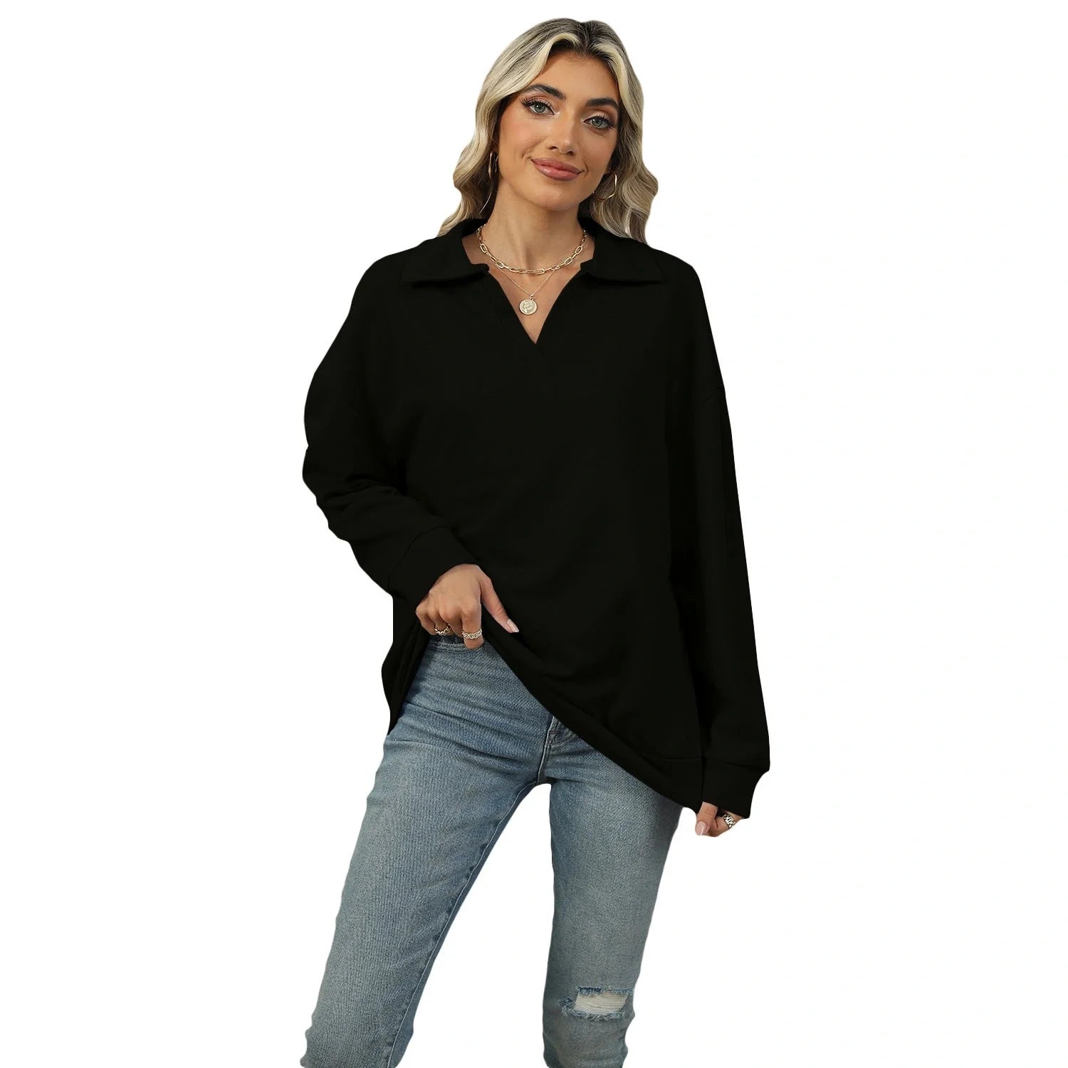Women's Lapel V-neck Sweatshirt in solid colours with long sleeves