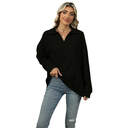 Women's Lapel V-neck Sweatshirt in solid colours with long sleeves