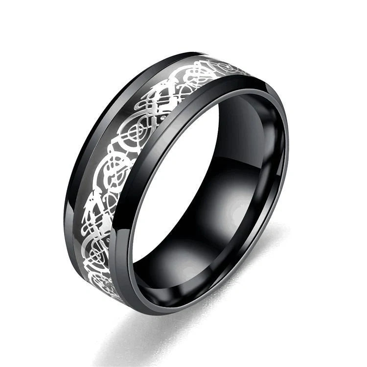 Dragon pattern stainless steel ring in black gold, showcasing intricate design and polished finish.