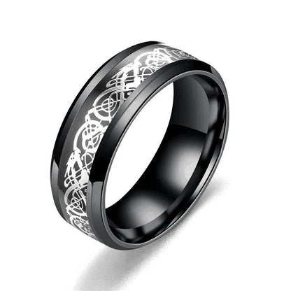 Dragon pattern stainless steel ring in black gold, showcasing intricate design and polished finish.