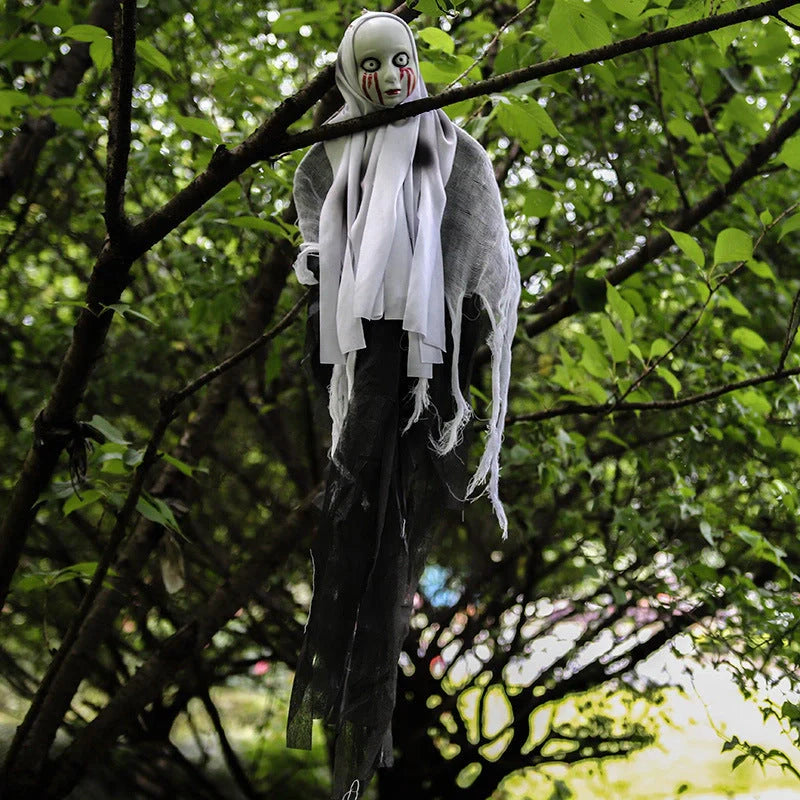 Skeleton Hanging Ghost Halloween Decoration floating eerily in the wind