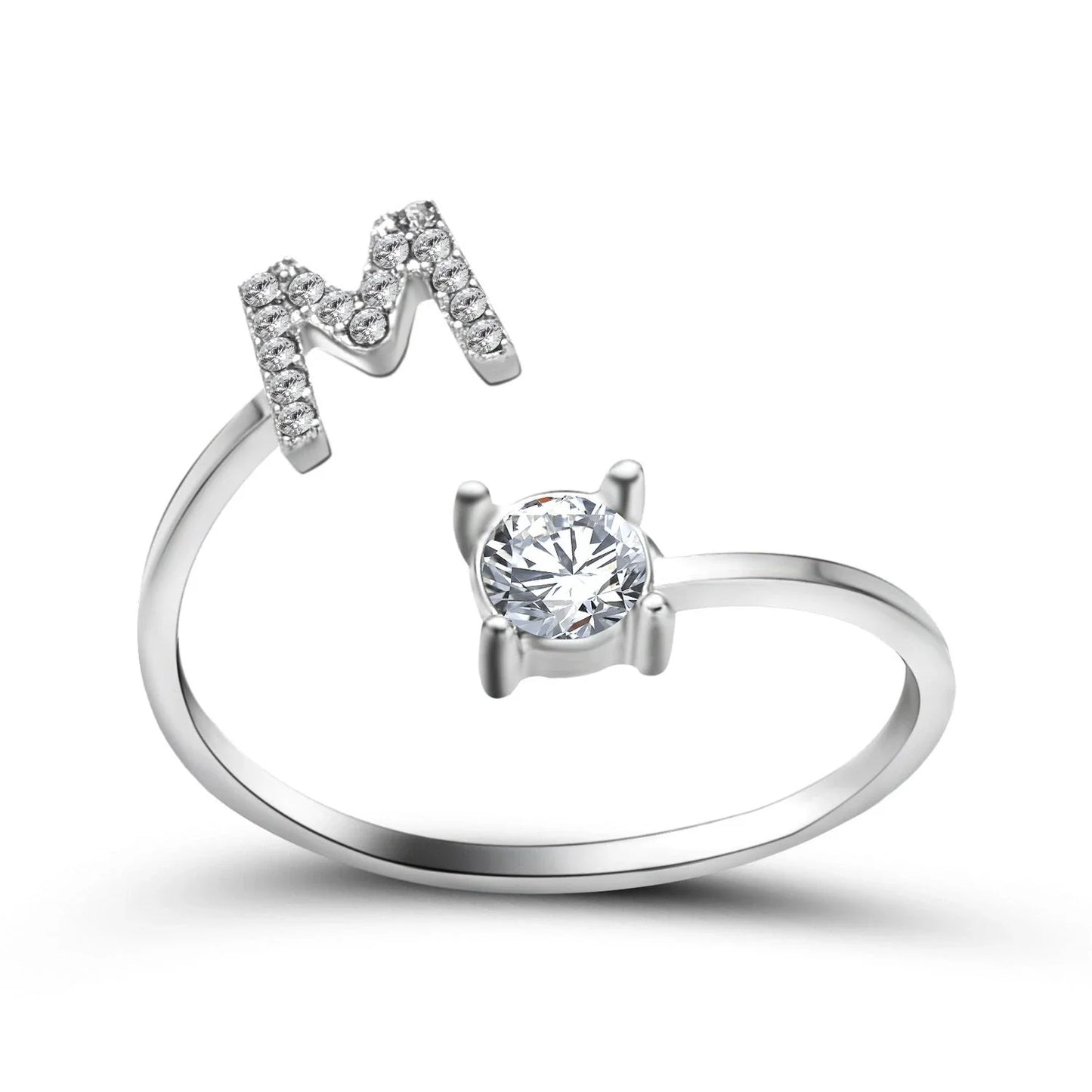 Customizable adjustable ring with 26 letters for women, featuring zircon stones and copper alloy construction