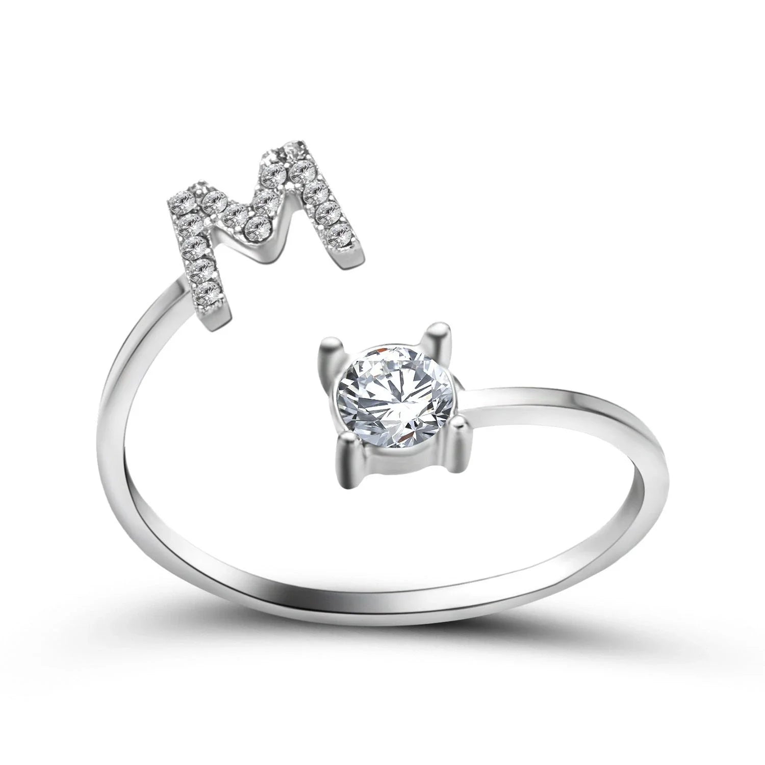 Customizable adjustable ring with 26 letters for women, featuring zircon stones and copper alloy construction
