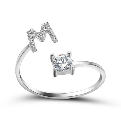 Customizable adjustable ring with 26 letters for women, featuring zircon stones and copper alloy construction