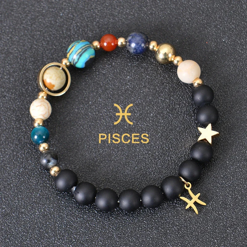 Frosted Stone Beaded Zodiac Bracelet featuring detailed zodiac signs on natural stone beads
