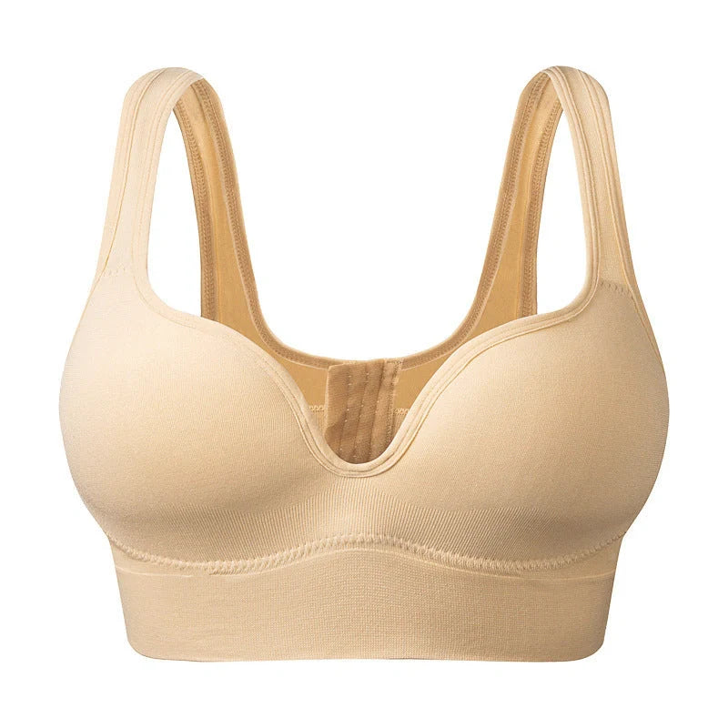 Back Button Up Bra with wide white straps in white, black, and apricot