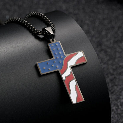 Stainless steel flag cross necklace for men, geometric design, polished finish.