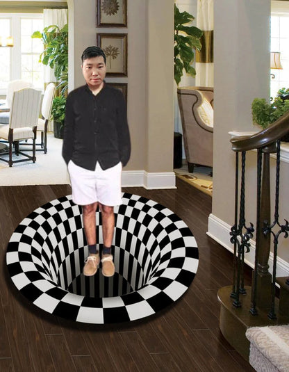 3D Geometric Round Carpet Vortex Illusion Rug in Black and White