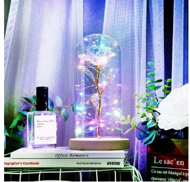 Enchanted Forever Rose in Glass LED Light decoration with realistic rose and wooden base