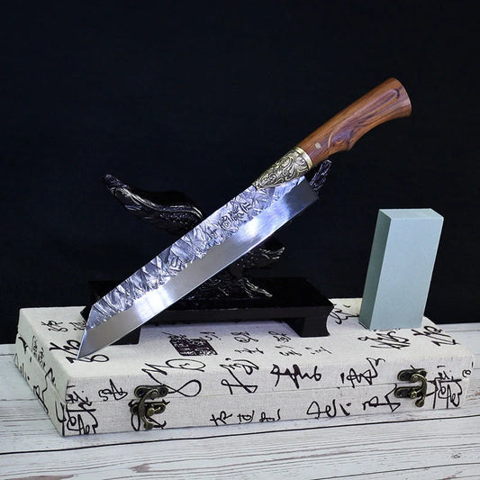 Hand-forged slicing knife with rosewood handle and pure copper guard