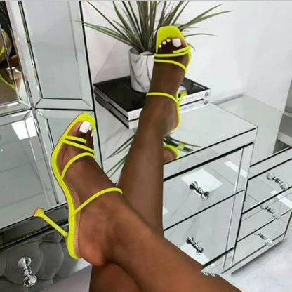 Women's stiletto heel sandals with square toe in summer colours